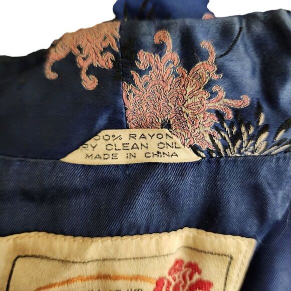 Vintage Peony Traditional Chinese Jacket Frog Buttons Womens Size M Blue Quilted - Picture 9 of 9